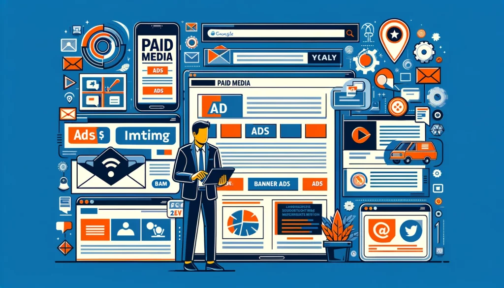 Estrategias de Paid Media incluyendo anuncios en redes sociales y banners publicitarios.