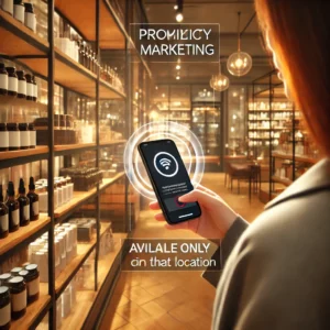 Cliente en una tienda recibiendo una oferta promocional en su teléfono móvil mediante marketing de proximidad.
