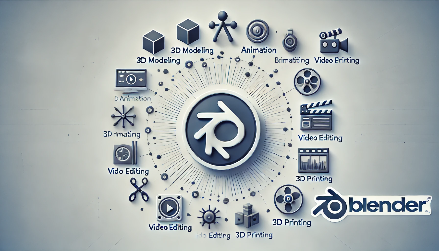 Ilustración de las capacidades de Blender con su logo en el centro y varios íconos alrededor que representan modelado 3D, animación, edición de vídeo y exportación para impresión 3D.