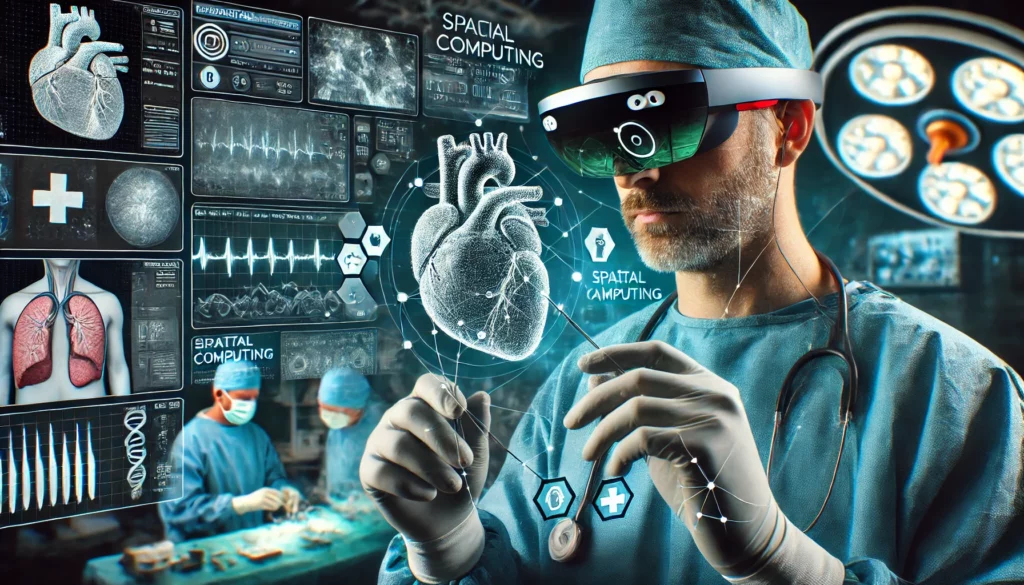 La imagen muestra un profesional de la salud utilizando gafas de realidad aumentada (AR) para realizar una cirugía asistida por computación espacial. En el fondo, se observan pantallas digitales que muestran datos médicos en tiempo real, ilustrando cómo el Spatial Computing integra el mundo digital y físico para mejorar la precisión y eficiencia en el ámbito médico. Esta representación visual destaca la intersección de tecnología avanzada y aplicaciones prácticas en el campo de la salud.