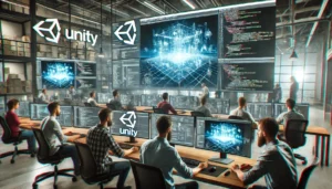 Un grupo de desarrolladores de software en una oficina moderna, colaborando en un proyecto de realidad extendida utilizando Unity. Se pueden ver pantallas con el entorno de desarrollo de Unity, gráficos en 3D y líneas de código, mientras los miembros del equipo discuten y ajustan los detalles del proyecto.