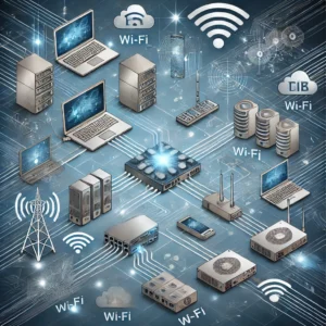 Diagrama de una red con dispositivos interconectados a través de diferentes tipos de conexiones, como cable de fibra óptica y Wi-Fi.