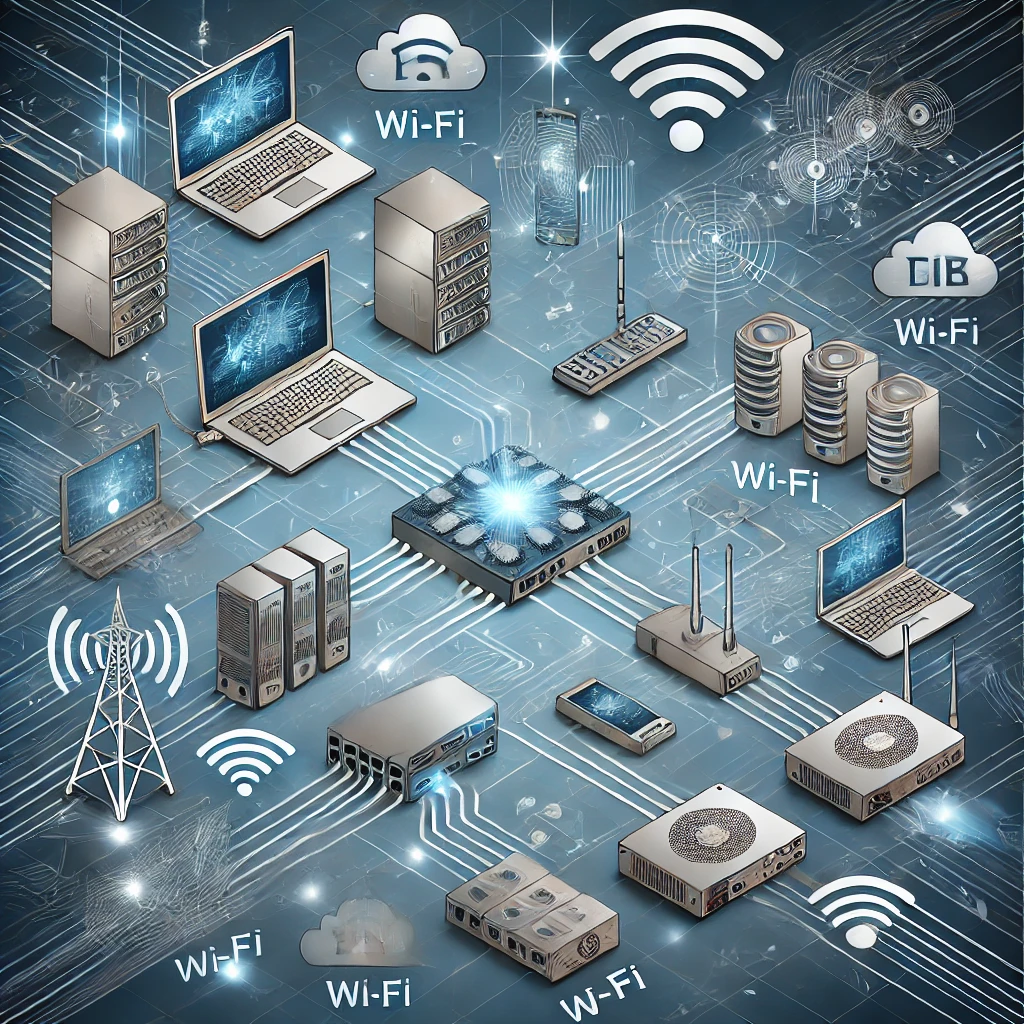 Diagrama de una red con dispositivos interconectados a través de diferentes tipos de conexiones, como cable de fibra óptica y Wi-Fi.