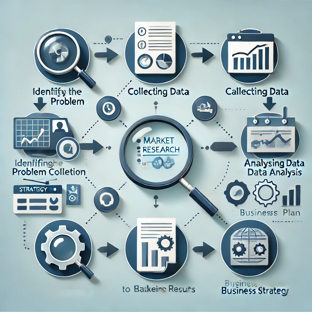 Diagrama del proceso de investigación de mercado para empresas: desde la recolección de datos hasta la toma de decisiones estratégicas.