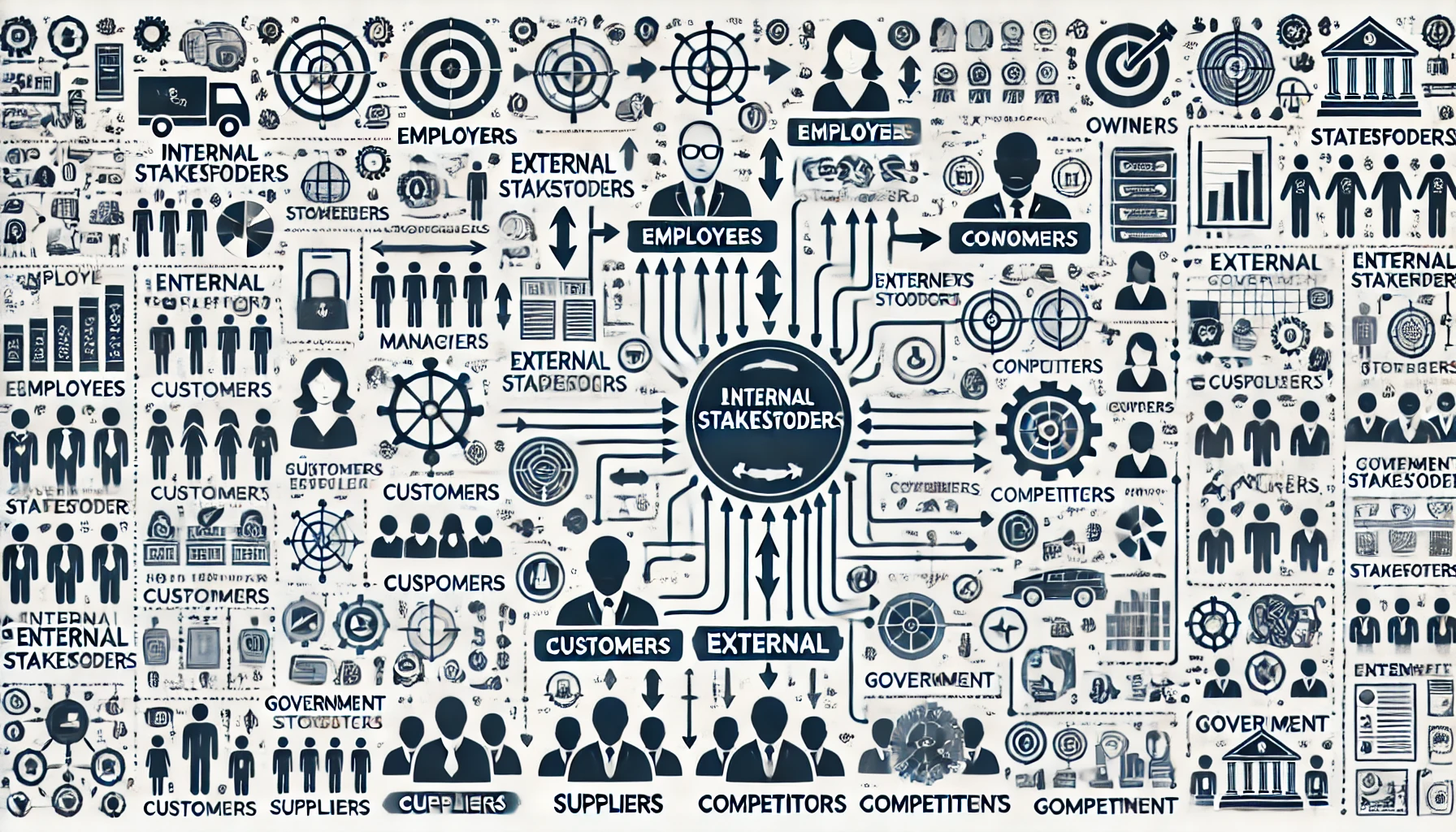 Diagrama que muestra los tipos de stakeholders internos y externos en una empresa, destacando empleados, clientes, directivos, proveedores y más, con flechas de interacción.