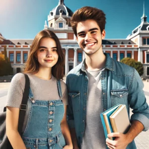 Estudiantes internacionales frente a la Universidad Complutense de Madrid, ideal para estudiar en Madrid, España.