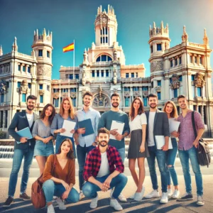 Grupo de estudiantes diversos frente a la Plaza de Cibeles en Madrid, simbolizando servicios de visado y residencia para estudios en España.