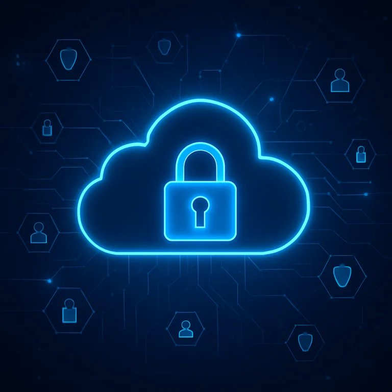 ciberseguridad en la nube: mitos y realidades 1 Ilustración digital de una nube azul brillante con un candado en el centro, rodeada de íconos de usuarios, escudos y líneas de conexión sobre un fondo oscuro, representando la ciberseguridad en la nube.