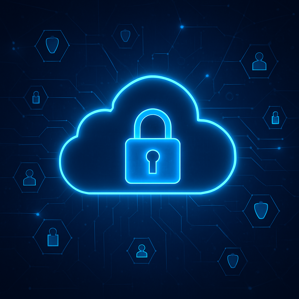 Formacion In-company 4 Ilustración digital de una nube azul brillante con un candado en el centro, rodeada de íconos de usuarios, escudos y líneas de conexión sobre un fondo oscuro, representando la ciberseguridad en la nube.