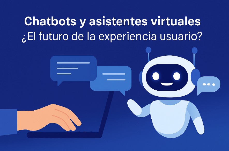 Formacion In-company 5 Ilustración de un chatbot interactuando con una persona a través de una laptop, representando la comunicación entre humanos y asistentes virtuales.