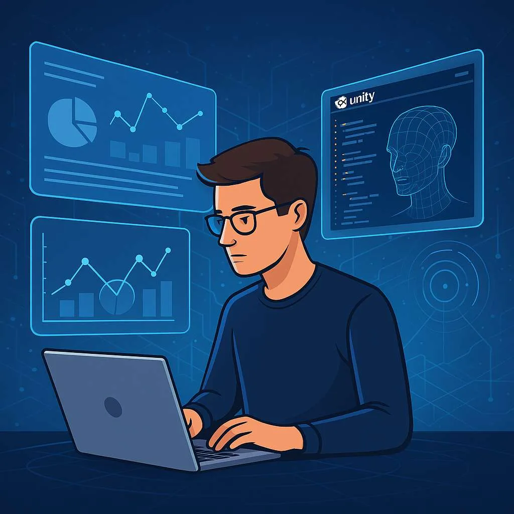 Tecnología y análisis de datos: claves para tu desarrollo 2 Ilustración digital de un profesional interactuando con tecnología, análisis de datos, código y visualizaciones 3D en un entorno tecnológico y conectado.
