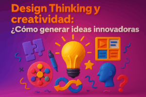Máster Comunicación Digital 20 Ilustración digital en 3D vibrante con íconos de Design Thinking como bombilla, piezas de rompecabezas, mapa mental, flechas de iteración y cabeza humana, acompañada del título “Design Thinking y creatividad: ¿Cómo generar ideas innovadoras?” en un fondo degradado púrpura y rosa.