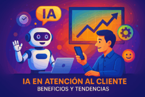 Innovación en Inteligencia Artificial en Publicidad 3 Ilustración futurista de un robot de IA interactuando con un cliente en una laptop y smartphone, con íconos de eficiencia, satisfacción y un gráfico ascendente.