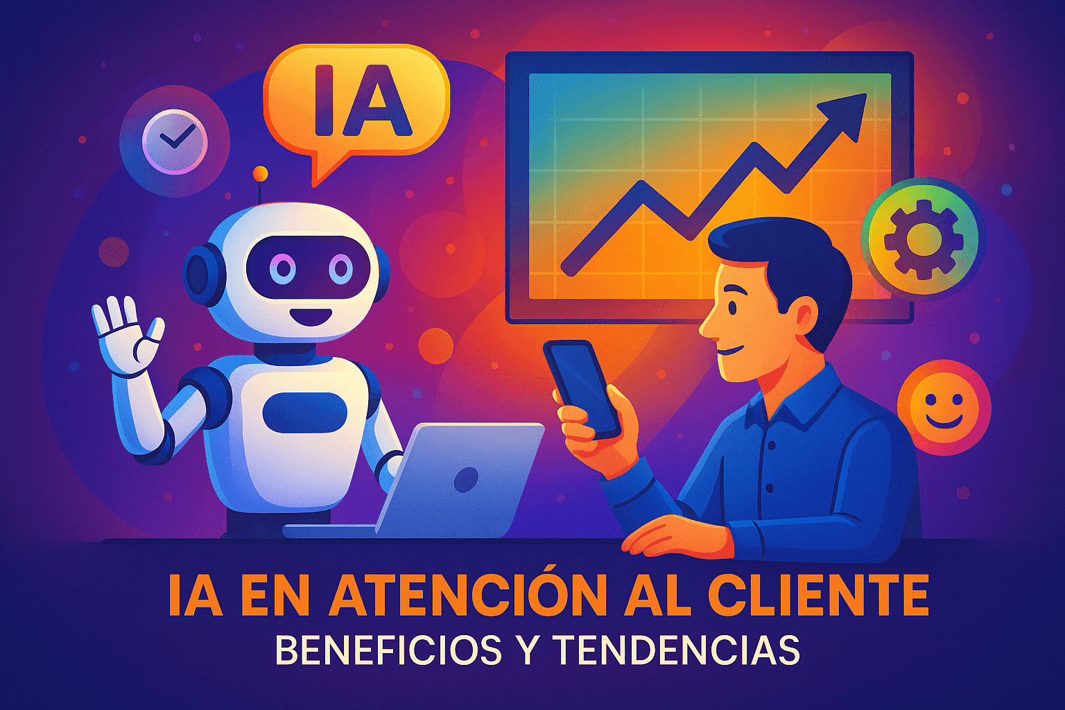 Formacion In-company 5 Ilustración futurista de un robot de IA interactuando con un cliente en una laptop y smartphone, con íconos de eficiencia, satisfacción y un gráfico ascendente.