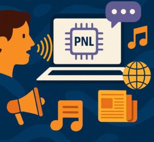 Marketing y comunicación Digital y 4 habilidades clave 4 Ilustración digital que representa el impacto del Procesamiento del Lenguaje Natural (PNL) en la comunicación moderna, con íconos de medios como notas musicales, globos de texto, periódicos y computadoras.