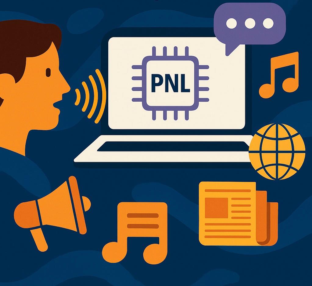 El PNL: ¿La voz del futuro en la comunicación y los medios? 1 Ilustración digital que representa el impacto del Procesamiento del Lenguaje Natural (PNL) en la comunicación moderna, con íconos de medios como notas musicales, globos de texto, periódicos y computadoras.