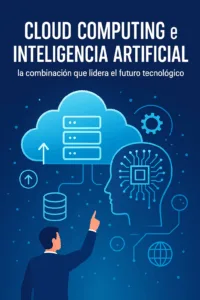 Ilustración de un profesional señalando un diagrama que representa Cloud Computing e Inteligencia Artificial trabajando juntos en la nube, con iconos de bases de datos, procesamiento y conectividad global.