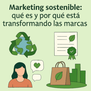 IA: Ética y Responsabilidad Jurídica 5 Infografía sobre marketing sostenible con ilustraciones de planeta, certificación ecológica, consumidora y bolsa reciclable.
