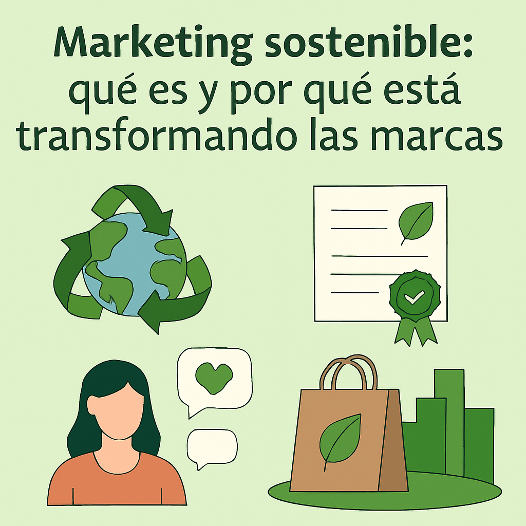 Infografía sobre marketing sostenible con ilustraciones de planeta, certificación ecológica, consumidora y bolsa reciclable.