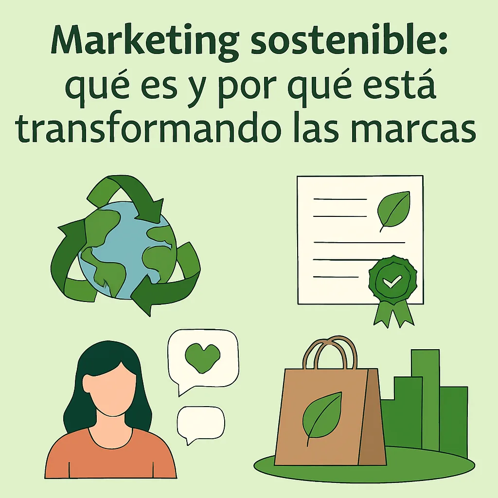 Marketing sostenible: qué es y por qué está transformando las marcas 3 Infografía sobre marketing sostenible con ilustraciones de planeta, certificación ecológica, consumidora y bolsa reciclable.