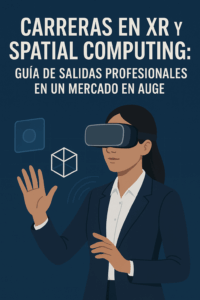 Mujer profesional con gafas de realidad virtual interactuando con elementos digitales, ilustración para un artículo sobre carreras en XR y spatial computing.