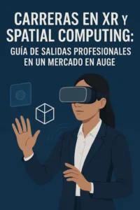 Mujer profesional con gafas de realidad virtual interactuando con elementos digitales, ilustración para un artículo sobre carreras en XR y spatial computing.