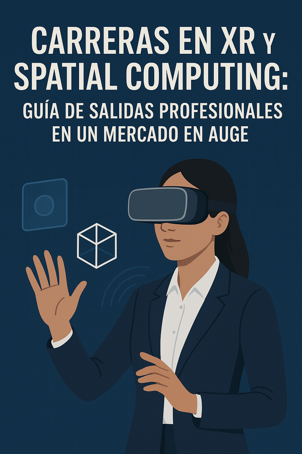 Mujer profesional con gafas de realidad virtual interactuando con elementos digitales, ilustración para un artículo sobre carreras en XR y spatial computing.