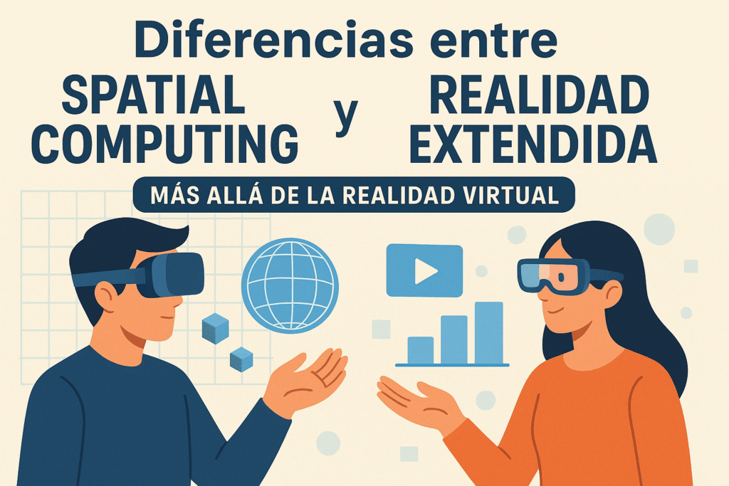 Diferencias entre Spatial Computing y Realidad Extendida | ET 1 Ilustración comparativa entre Spatial Computing y Realidad Extendida, mostrando un hombre con gafas de realidad virtual y una mujer con gafas de realidad aumentada interactuando con elementos digitales.