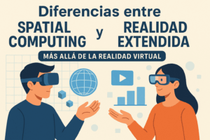 5 Consejos para Elegir el Mejor CRM WhatsApp 3 Ilustración comparativa entre Spatial Computing y Realidad Extendida, mostrando un hombre con gafas de realidad virtual y una mujer con gafas de realidad aumentada interactuando con elementos digitales.