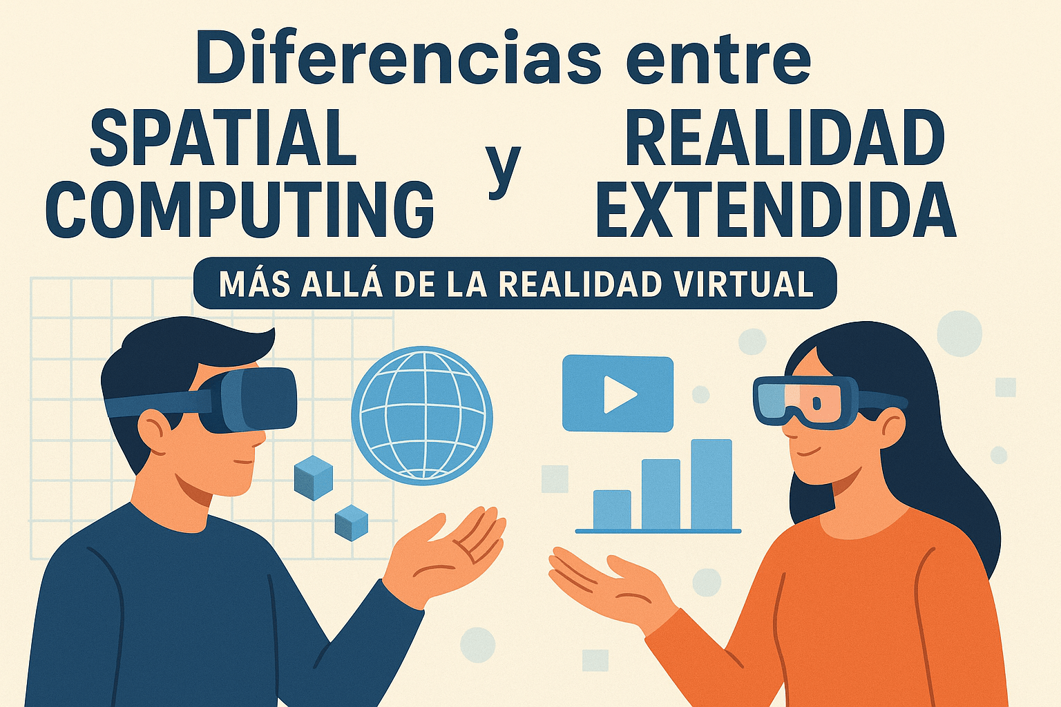 Formacion In-company 5 Ilustración comparativa entre Spatial Computing y Realidad Extendida, mostrando un hombre con gafas de realidad virtual y una mujer con gafas de realidad aumentada interactuando con elementos digitales.