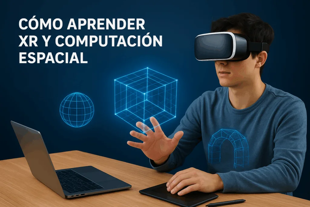 Cómo aprender desarrollo de XR y Spatial Computing desde cero 1 oven usando un visor de realidad virtual mientras interactúa con un cubo 3D flotante, acompañado de una laptop y tableta gráfica sobre la mesa, en un entorno digital con gradiente azul.