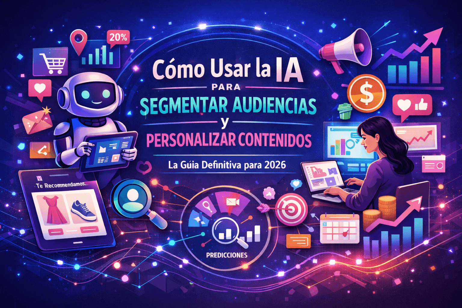 Ilustración digital sobre el uso de la inteligencia artificial para segmentar audiencias y personalizar contenidos, con un robot analizando datos y una profesional de marketing trabajando con gráficos, sobre un fondo azul tecnológico.